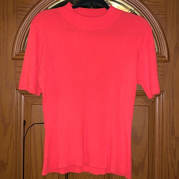 Vintage 90’s Andrea Viccaro Ribbed-Knit Mock Neck Short Sleeve Poppy Sweater Top - Picture 15 of 16